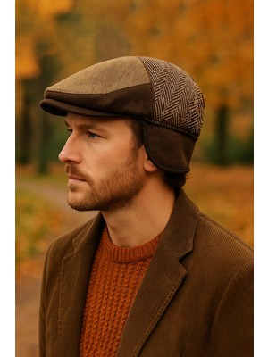 Külah Patchwork Kışlık Yün Ingiliz Kasket - Katlanır Sherpa Kulaklı Şapka