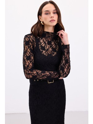 Sateen Transparan Dantel Bluz - Siyah