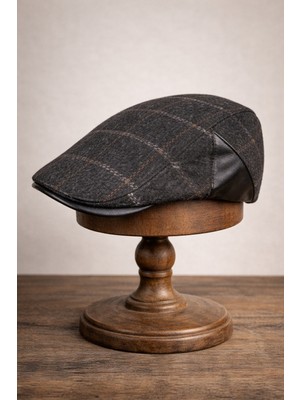 Külah Deri Siperli Yün Karışımlı Erkek Flat Cap Kasket | Ayarlanabilir | Klasik & Şık Kış Şapkası