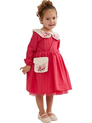 İrem Çocuk Giyim Kız Çocuk Yakası Lavanta Nakışlı Çantalı Midi Boy Mevsimlik Fuşya Renk Elbise