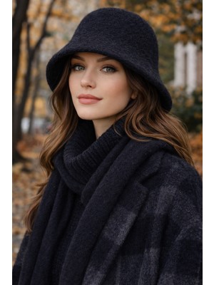 Külah Kadın Premium Cloche Şapka Kışlık Boho Bucket Hat - Siyah