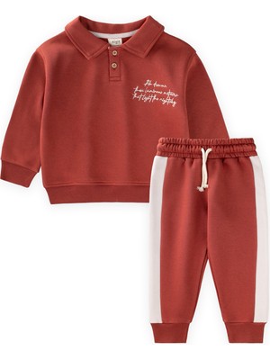 Cigit Yakalı Nakış İşlemeli Sweatshirt Takım 2-10 Yaş Kiremit