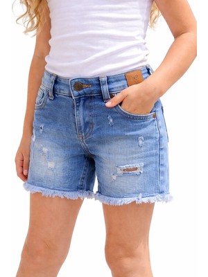 Onymino Kız Çocuk Denim Yırtık Kot Şort Lacivert