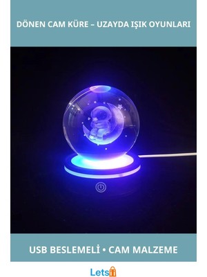 Letsii Usb'li Astronot Tasarımlı Dönen Cam Küre 8cm