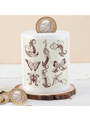 Asilmeydan Desenli Kelebekler ve Kuş Silüeti Para Birikim Kumbarası-468