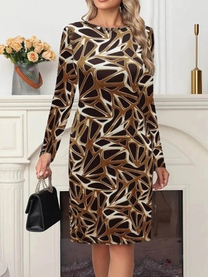 Marsilyan- Kadın Uzun Kollu Bisiklet Yaka Desenli Dalgıç Kısa Elbise