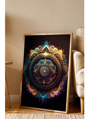 E2 Nova Neon Işıltılı Mandala Premium Çerçeveli Tablo - Lüks Modern Fütüristik Duvar Dekoru Antrasit Sanat