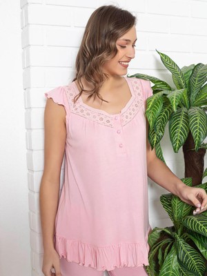 Limissi Imissi Ohusa V Yaka Fırfırlı  Pijama Takımı - Pembe Xs / M