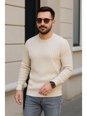 Marsilyan- Erkek Bisiklet Yuvarlak Yaka Triko Kazak Pamuklu Kalın Fitilli Dokuma, Regular Fit Uzun Kollu Kışlık Model - Bej