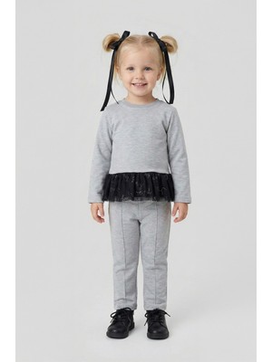 Luess Kız Çocuk %100 Pamuklu Tül Detaylı Düğmeli Gri Alt Üst Takım