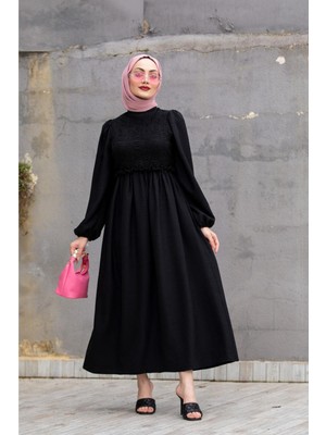 Tesettür Diyarı Dantelli Robalı Melaj Keten Tesettür Elbise- Siyah