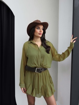 Esra Helvacı Kemerli Piliseli Şifon Mini Elbise