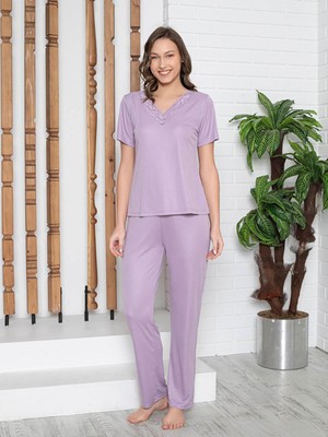 Limissi Imissi Dantelli V Yaka  Pijama Takımı - Lila Standart