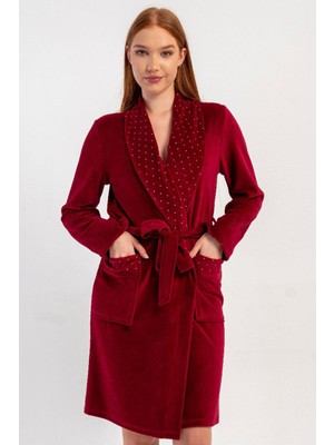 Vienetta Kadın Kadife Şal Yaka Uzun Kollu Kuşaklı Cepli %100 Pamuk Sabahlık C1T2N0705