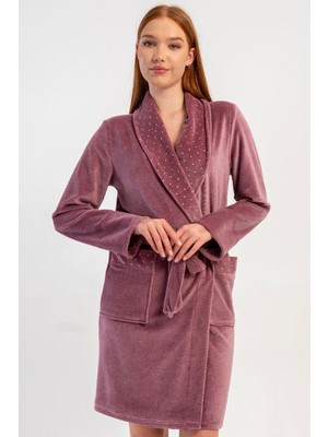 Vienetta Kadın Kadife Kumaş Şal Yaka Uzun Kollu Kuşaklı Cepli Pamuk Sabahlık C0T2N0705