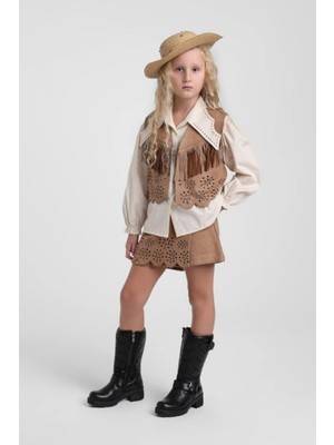 Escabel Kız Çocuk 5-9 Yaş Nubuk Yelek-Gömlek-Şort Etek Üçlü Takım Camel
