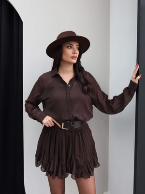 Esra Helvacı Kemerli Piliseli Şifon Mini Elbise