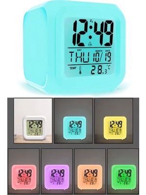 Gampus Ev Ofis Masa Saati 7 Renk Değiştiren Dijital Küp Alarmlı Çalar Saat Gece Lambası Takvim