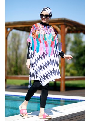 Remsa Mayo  Tesettür Mayo Üzerine Diz Boy Desenli Kaftan Pareo Zikzak Inci