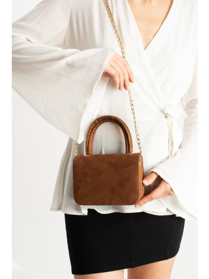 Özüm Takı Çanta Kadın Süet Zincir Askı El Kol ve Omuz Çantası Taba