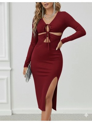 Marsilyan- Kadın Uzun Kollu Göğüs ve Göbek Dekolte Detay Sandy Midi Boy Elbise