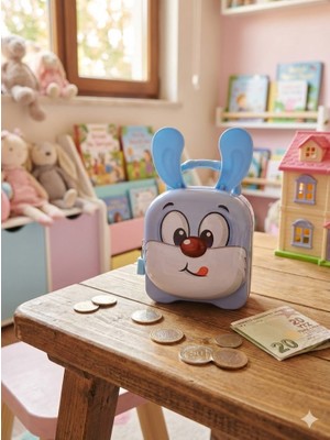 Biton Toptan 1 Adet Kilitli ve Anahtarlı Tavşan Kumbara - Çocuklar Için Eğlenceli Tasarruf Çantası Mavi