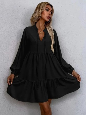 Marsilyan- Kadın Uzun Kollu Yakadan Bağcıklı Fırfırlı Keten Mini Elbise