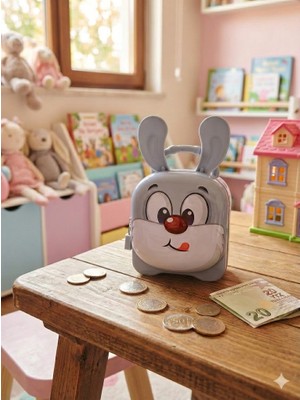 Biton Toptan 1 Adet Kilitli ve Anahtarlı Tavşan Kumbara - Çocuklar Için Eğlenceli Tasarruf Çantası Gri