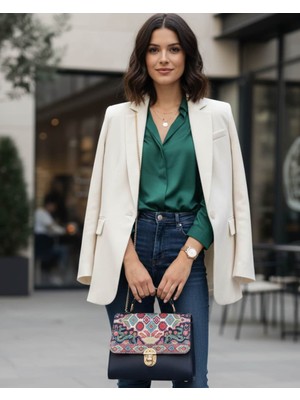 Crystalia Kapak Kısmı Motifli Lacivert Omuz Çantası