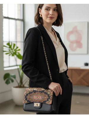 Crystalia Kapak Kısmı Motifli Siyah Omuz Çantası