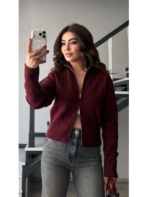 Oslove Bordo Çift Fermuarlı Çelik Triko Hırka