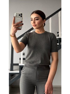 Oslove Füme Melanj Kısa Kol Basic Triko Bluz