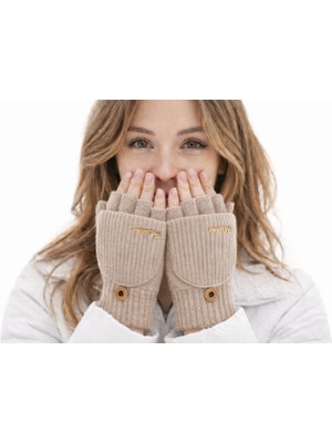 Gigi Giyim Fashion Yazılı Kapaklı Yarım Parmak Örgü Kadın Eldiven