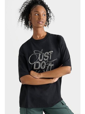 Nike Dance Oversize Ss Tee Kadın Oversize Büyük Beden Taş Işlemeli Tişört Siyah