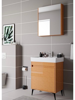 Akademik Banyo Sharp 60 cm Lavabolu Mdf Banyo Dolabı Seti - Bambu Renk
