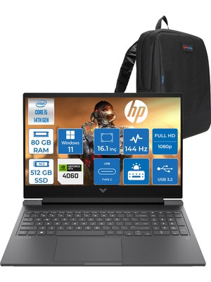 Hp Victus 16-R1700NT Intel Core I5 14450HX 80GB 512GB SSD RTX4060 8gb Windows 11 Home 16.1" IPS Fhd (1920 x 1080) 144HZ Taşınabilir Bilgisayar BK5R0EAH32 + Zetta Çanta