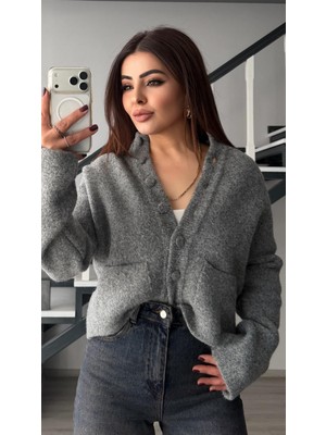 Oslove Gri Melanj Dikyaka Düğmeli Triko Hırka