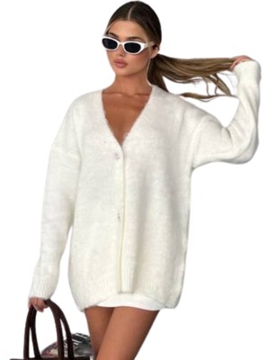 Kechi Woman Şardonlu Uzun Beyaz Triko Hırka