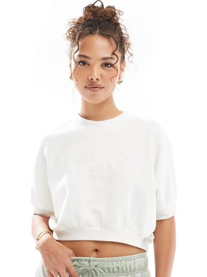 Nike Crop Loose Fit French Terry Short Sleeve Top Kadın Bol Kesim Crop Kısa Kollu Sweatshirt Beyaz