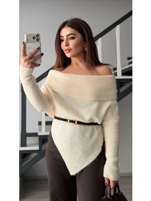 Oslove Ekru Asimetrik Kesim Madonna Yaka Kazak