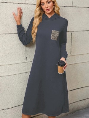 Marsilyan- Kadın Uzun Kollu Kapşonlu Cep Detaylı Viskon Iki Iplik Maxi Elbise