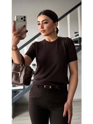 Oslove Acı Kahve Kısa Kol Basic Triko Bluz