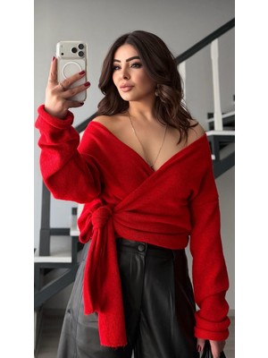 Oslove Kırmızı Kruvaze Bağlamalı Kazak