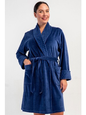 Vienetta Kadın Büyük Beden Sabahlık - Kadife Şal Yaka Cepli %100 Pamuk Sabahlık C5T2N0705