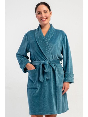 Vienetta Kadın Büyük Beden Sabahlık - Kadife Şal Yaka Cepli %100 Pamuk Sabahlık C3T2N0705