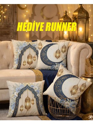 Menesahome Ramazan Temalı Lacivert Gold Dijital Baskı Hediye Runner Masa Örtüsü ve 4’lü Kırlent Kılıfı Seti