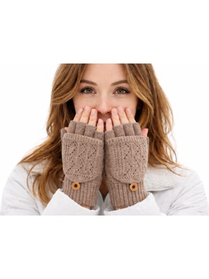 Gigi Giyim Delikli Düz Renk Kapaklı Yarım Parmak Örgü Kadın Eldiven