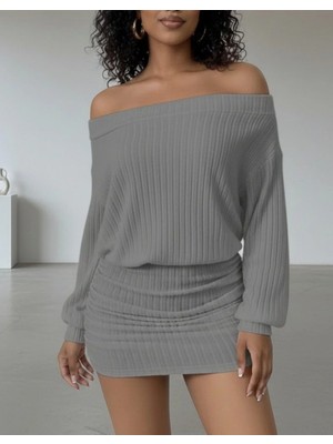 Marsilyan- Kadın Uzun Kollu Madonna Yaka Yanlardan Büzgülü Şardonlu Kaşkorse Mini Elbise