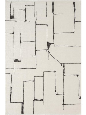 Karmen Halı Look Black LB004W Krem Halı Siyah Dekoratif Çizgili Modern Desen Akrilik Yumuşak Tozuaz Salon Halısı