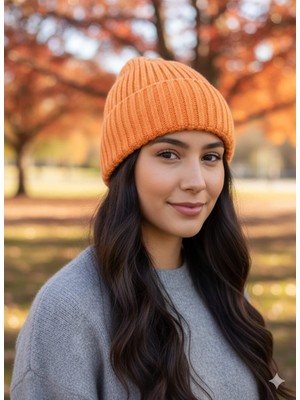 Lunaknit Turuncu Fitilli Triko Bere | Unisex Kışlık Yumuşak Sıcak Düz Günlük Bere